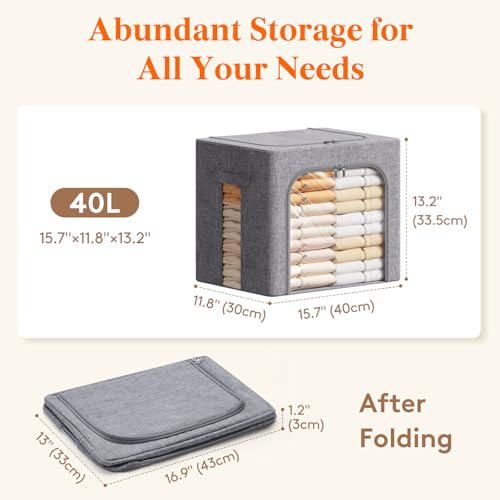 Lifewit Clothes Storage Bins with Metal Frame, Stackable Storage Box, Foldable Clothing Storage Bins with Lids, 40L Storage Bags Fabric Box Organizer with Clear Window& Zippers& Sturdy Handles 3 Pack