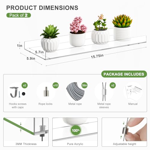 airogym 2-Tier Acrylic Plant Shelves for Window of Kitchen, 16 Inch Window Wall Clear Hanging Plant Stand, Height Adjustable Hanging Shelves for Indoor Window Plants, Succulents Flower Pots Organizer