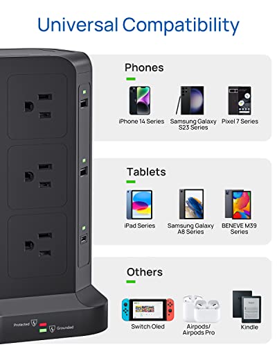 KOOSLA Dual 20W USB-C Power Strip Tower, Surge Protector Power Strip, Power Tower with USB Ports and Widely Spaced AC Outlets,1875W/15A, Charging Tower with 6.5ft Heavy-Duty Extension Cord Black