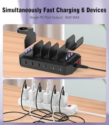 95W Charging Station for Multiple Devices, 6-Port USB Charging Dock with 2 PD Ports, Multi Charging Station Compatible with MacBook,Cellphones, iPad, Kindle, Tablets (Includes 8 Cables & 2 Stands)