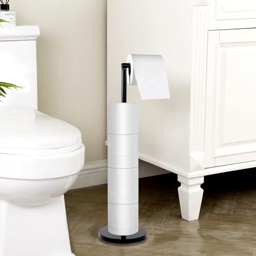 Toilet Paper Holder Stand with Weighted Natural Marble Base, Bathroom Free Standing Toilet Paper Roll Holder with Reserve, Standing Toilet Tissue Holder with Storage (Black, with Storage)