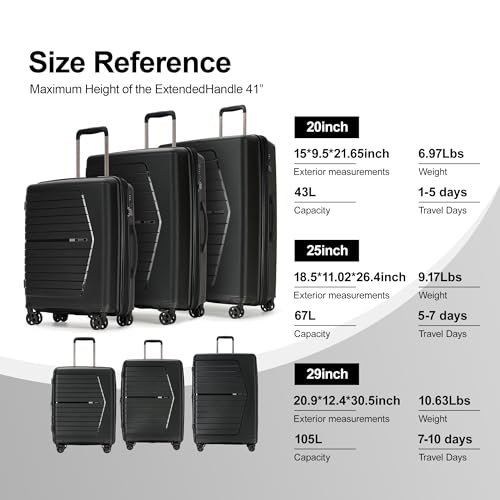 GinzaTravel Luggage Sets 3 Piece Expandable Suitcase Set, PP Hardshell Suitcase with Spinner Wheels,Lightweight Carry On Luggage with TSA Lock,Black