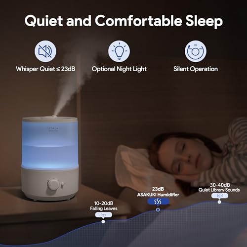 ASAKUKI Humidifiers for Bedroom, 3L Top Fill Cool Mist Humidifiers for Baby Nursery & Plants, 3-IN-1 Quiet Air Humidifier, Oil Diffuser & Night Light for Large Room Home, Auto Shut-off, BPA-Free, 30H