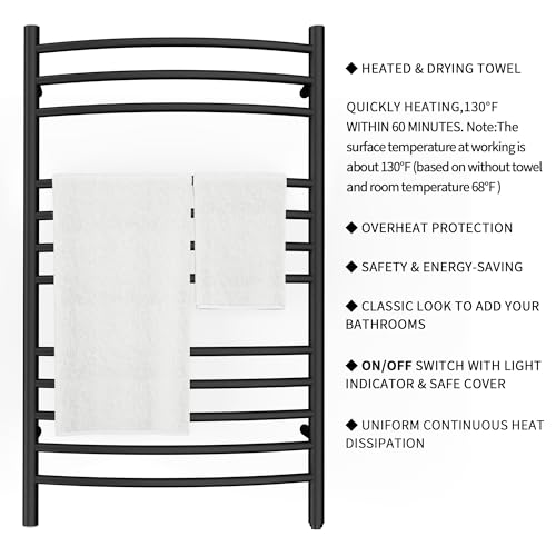 HEATGENE Towel Warmer Wall Mount Electric Plug-in/Hardwired Heated Towel Rack, 4-Supports Matte Black