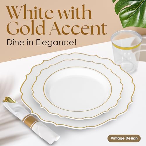 Elegant Gold Plastic Dinnerware Set (350 Pcs) - Includes 50 Dinner Plates, 50 Dessert Plates, 50 Napkins, 50 Cups & Gold Silverware. Ideal for Weddings, Parties & Events. (Modern)