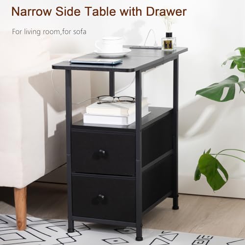 AMHANCIBLE Narrow Nightstand with Charging Station, Slim End Side Table with USB Ports and Outlets, Bedside Table with 2 Fabric Drawers for Bedroom, Living Room, Small Space, Black, HETN012BK-1