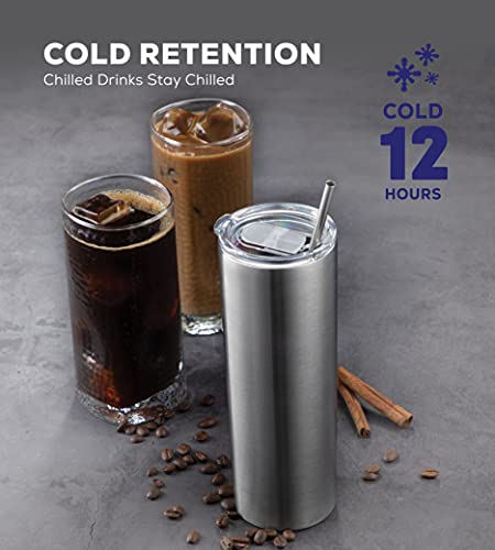 Insulated Skinny Stainless Steel Tumbler Set - 4-Pack 20oz Tumbler with Straw - Travel Coffee Mug With PBA Free Lids - Slim Vacuum Insulated Keep Hot and Cold - Great for Home, Office.