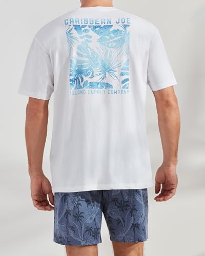 CARIBBEAN JOE Men's Sleep Set, Tropical Fronds Shorts and Blue Crew Neck T-Shirt Pajamas, Lightweight Novelty PJs