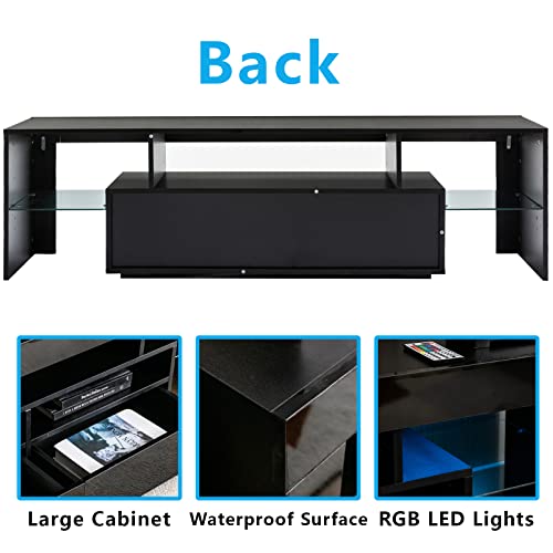 SUSSURRO LED TV Stand for 60/65/70 inch TV, Modern Gloss Entertainment Center with Drawer and Glass Open Shelf, Television Table Center Media Console for Living Room, Black