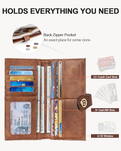 BOSTANTEN Slim Wallet Women Leather RFID Blocking Credit Card Holder Bifold Thin Wallet with Zipper Pocket Beige&Brown