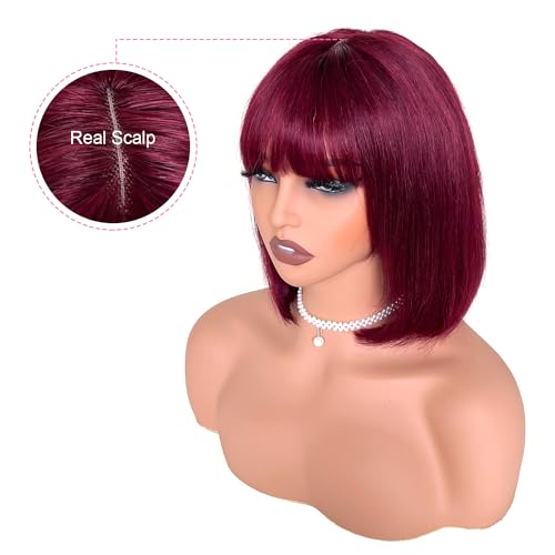 Atikual Bob Wig with Bangs Human Hair Wigs Glueless Wigs Straight Layered Bob Wigs with Bangs 3x1 Transparent Lace Bob Wigs for Women 8Inch 99J