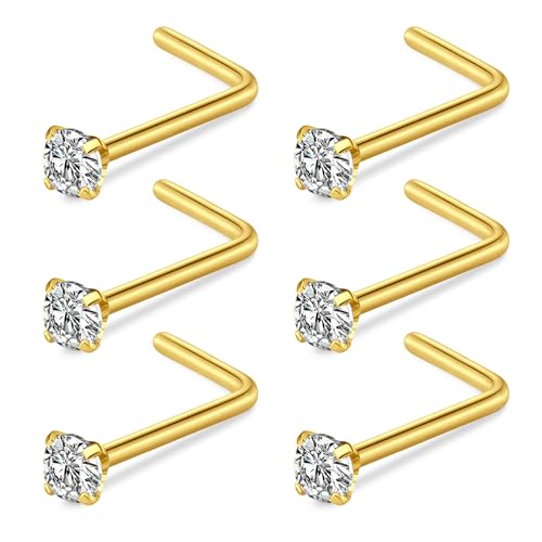 Briana Williams Gold Nose Studs L Shaped Nose Rings Studs for Women Surgical Stainless Steel 18g 1.5mm Clear Round CZ L Shape Nostril Piercing Jewelry