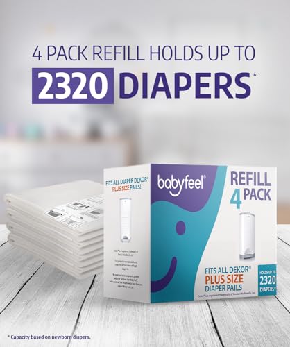 Babyfeel Refills Compatible with DEKOR PLUS Diaper Pails | 4 Pack | Exclusive 30% Extra Thickness | Diaper Pail Refills with Powerful Odor Elimination | Fresh Powder Scent | Holds up to 2320 Diapers