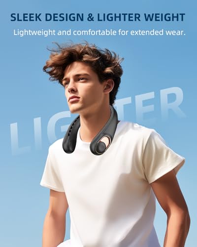 JIAGE Neck Fan, Portable Neck Fan Rechargeable, 5200mAh Battery Operated, LED Display, 360-Degree Cooling, 3 Speeds, Quite, Bladeless Design Neck Fans, Personal Neck Cooler, Black