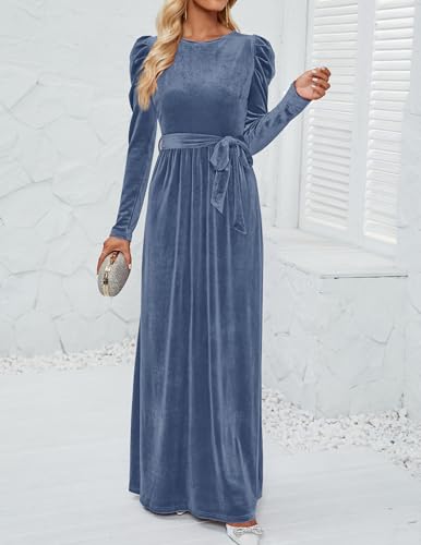 ZESICA Women's Velvet Maxi Dress Long Puff Sleeve Crew Neck Elastic High Waist Cocktail Party Bridesmaid Dresses,Black,Medium