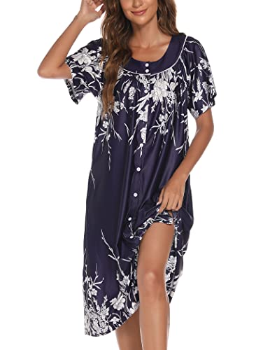YOZLY House Dress for Women Short Sleeve House Coat Mumu Duster Robe with Pockets, Navy, Large