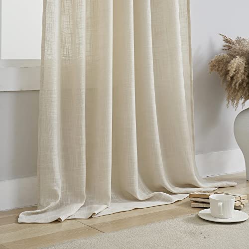 VOILYBIRD Linen Semi Sheer Curtains Tab Top Light Filtering Elegant Curtains & Drapes for Living Room 52 x 63 Inch Length, Set of 2 Panels, Beige