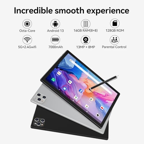 Android Tablet 10 Inch, 2024 Newest Android 13 Tablet, 128GB Storage+16GB RAM (8+8Virtual), Octa-Core Processor, 5G WiFi Tablet, 2 in 1 Tablet with Keyboard and Case, 13MP+8MP Dual Camera, GPS, Black