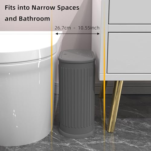 KSSKSS 1.8 Gallons Small Stainless Steel Trash Can with Press Type Lid, Slim Bathroom Garbage Bin, Removable Liner Bucket, Dog Proof Narrow Wastebasket with Pop-Up Lid for Bedroom,Toilet (Gray)