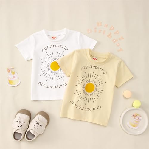 MODNTOGA 1st Birthday Tee Baby Boy Girl Short Sleeve T-Shirt First Birthday Sun Graphic Toddler Kid Letter Tops Summer Outfit (Beige, 1 Years)