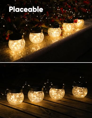 Solar Lantern Solar Lights Outdoor Waterproof 2-Pack, Solar Powered Hanging Lights Cracked Glass Hanging Globes for Christmas Decoration, Shepherd Hook, Garden Tree Ornaments