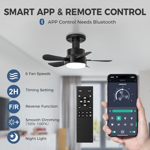 16 Inch Socket Fan Lights with E26/E27 Base: Socket Ceiling Fan with Remote & App Contro Screw into Small Ceiling Fan Light with 6 Speeds 3 Color Dimmable for Bedroom Living Room Kitchen Home Garage