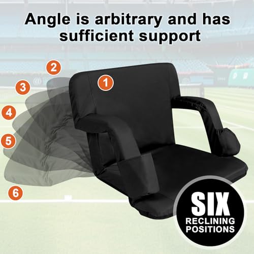 Stadium Seats for Bleachers with Back Support and Thick Padded Cushion,18" Extra Wide Portable Reclining Folding Chair with Optional Arms, 4 Pockets and Shoulder Straps,Big Size,Black,2PCS