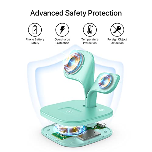 EXW Charging Station, Magnetic Wireless Charger, 5 in 1 Fast Mag-Safe Wireless Charger Stand for iPhone 16,15 14,13,12 Pro/Max/Mini/Plus, Apple Watch 9/8/7/6/SE/5/4/3/2 and Airpods 3/2/Pro/Pro(Green)