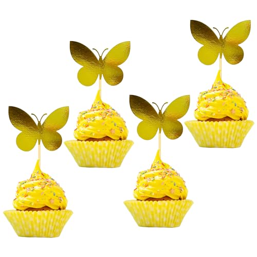 Blopee Cupcake Toppers, Butterfly Cupcake Toppers for Birthday Party, 24 pcs Gold Cupcake Toppers, Butterfly Shaped Happy Birthday Cupcake Toppers for Bridal Baby Shower Girls Women Wedding Party