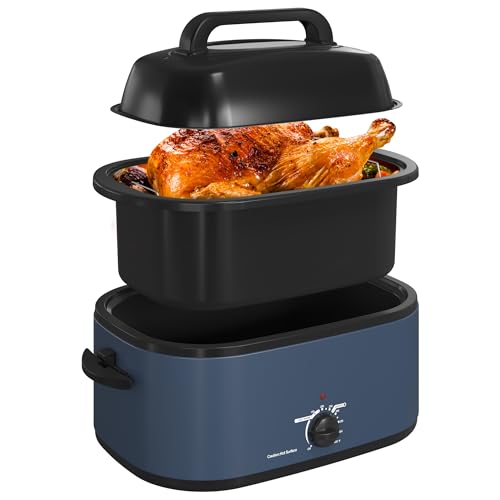 Royalcraft Roaster Oven with Self-Basting Lid, 18qt Electric Roaster with Removable Pan & Rack, Turkey Roaster Oven with Defrost & Warm Function, Stainless Steel, Black