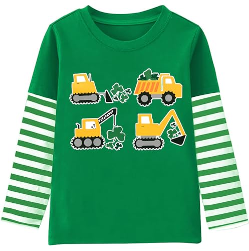 Toddler Boy T-Shirt St Patricks Day Shirt Tractor Truck Tops Kids Striped Sleeve Patchwork Baby Tees 2T