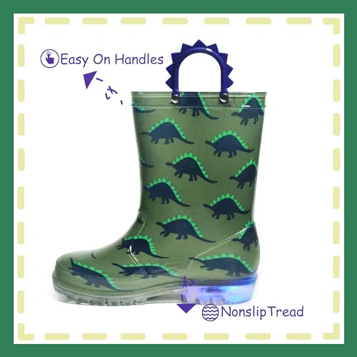 Outee Toddler Boys Rain Boots Little Kids Baby Light Up Printed Waterproof Mud Shoes Blue Shark Lightweight Rubber Adorable with Easy-On Handles Non Slip (Size 6,BLue)