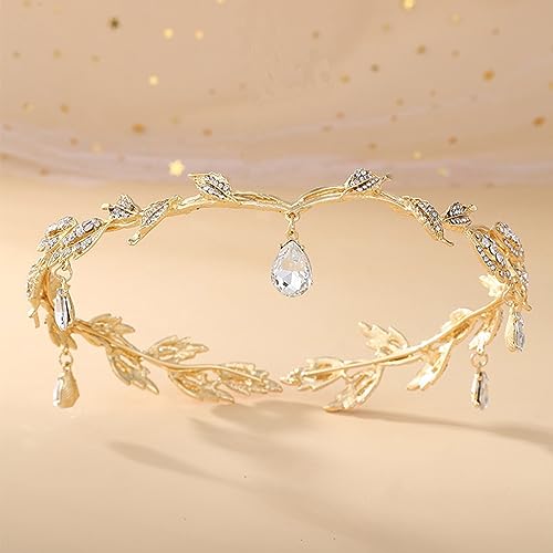 MR Crystal Leaf Wedding Tiara for Bride, Bridal Forehead Diadem Headband, Gold Costume Party Crown Headpiece Festival Holloween Hair Accessories for Women