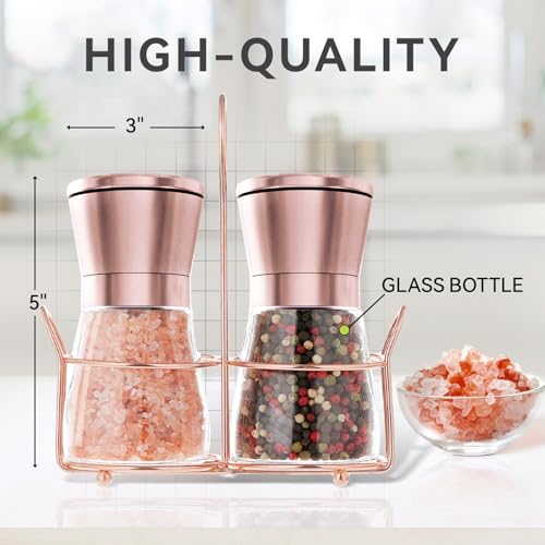 bonris Copper Stainless Steel Salt and Pepper Grinder Set Manual Himalayan Pink Salt Mill|Salt and Pepper Shakers with Adjustable Coarseness and Clear Glass Body (Pack of 2) (SHORT)
