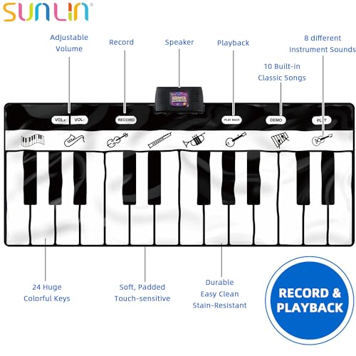 SUNLIN 6ft. Piano Mat, Floor Keyboard Playmat: 24 Keys, 10 Demos, 8 Instrument Sounds, Record & Playback, Giant Interactive Musical Toys Gifts for Boys & Girls Age 3 4 5 6 7 8 9 Years Old