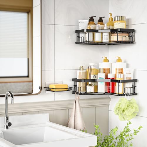 MAXIFFE Shower Caddy, 5-Pack Shower Organizer with Soap Holder, Corner Shower Caddy with 8 Hooks, Wall Mounted Shower Shelf for Bathroom, Kitchen, Countertop, Black