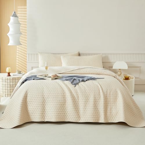 WARMDERN Beige Quilt Sets Queen Size, Cooling Summer Quilt for Hot Sleepers, Soft Lightweight Bedding Bedspread Coverlets for All Season(Beige, Queen)