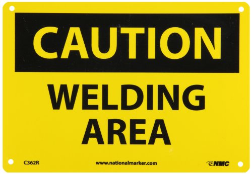 NMC C362R OSHA Sign, Legend "CAUTION - WELDING AREA", 10" Length x 7" Height, Rigid Plastic, Black on Yellow