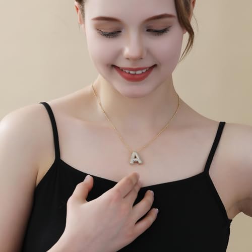 Apsvo Bubble Letter Necklace Gold, Balloon Initial W Necklaces Rhinestone Puff Letter Pendant Chunky Alphabet Necklace for Women