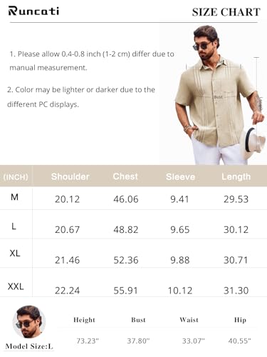 Runcati Mens Linen Shirt Guayabera Cuban Short Sleeve Button Down Summer Beach Hippie Shirts Beige