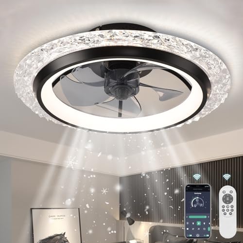 KINDLOV Ceiling Fans with Lights,Flush Mount Ceiling Fan with LED Light, Remote Control, and Six-Speed Wind Adjustment,Modern Ceiling Fan with Light for Bedroom,Kitchen,Living Room,Black