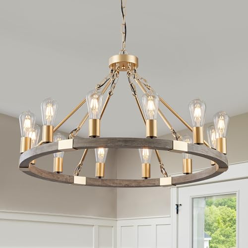 Benkut Farmhouse Wagon Wheel Chandelier 31" Black Rustic Light Fixtures 12-Light Wood Round Chandelier for Dining Room Living Room Entryway Foyer