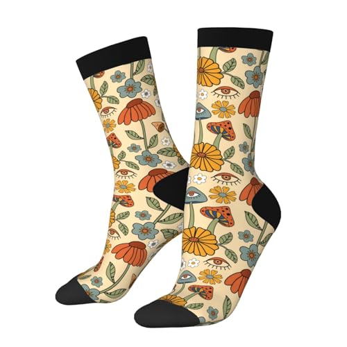 JKJOJIA 70s Retro Floral Mushroom Novelty Socks For Men Women, Funny Crazy Crew Socks Casual Dress Socks Gifts
