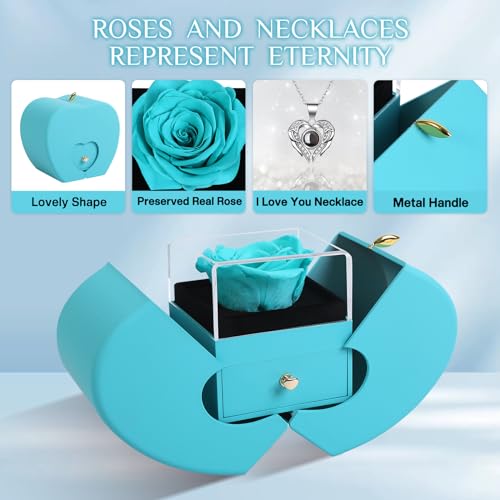 Preserved Real Cyan Rose Gift with I Love You in 100 Languages Necklace, Cute Gifts for Girlfriend, Women, Mom, Wife, Gifts Idea on Christmas, Valentine's Day,Birthday, Mother's Day
