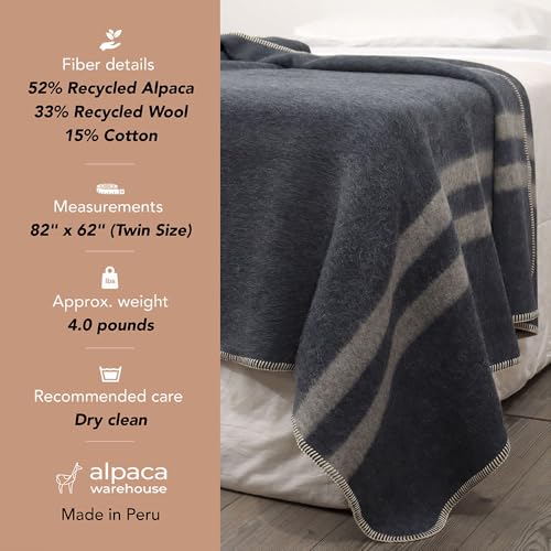Thick Alpaca Wool Blanket Heavyweight for Camping Outdoors or Using Indoors | Soft Peruvian Alpaca Wool Blankets (Dark Gray -Soft Gray Stripes, Queen)