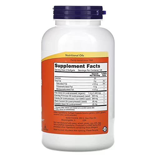 NOW Supplements, Omega 3-6-9 1000 mg with a blend of Flax Seed, Evening Primrose, Canola, Black Currant and Pumpkin Seed Oils, 250 Softgels