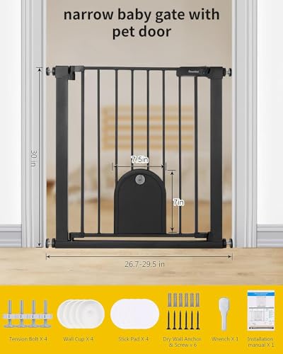 Newnice 26.7-29.5'' Narrow Baby Gate with Cat Door, Auto Close & Easy Walk Thru Dog Pet Gates for Stairs, Doorway, House, Pressure Mounted Safety Child Gate Includes 4 Wall Cups, NO Extensions, Black