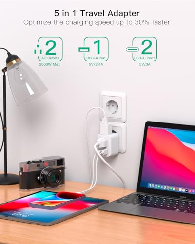 European Travel Plug Adapter, Foldable International Power Plug Adapter with 2 AC Outlets 3 USB Charging Ports(2 USB C), Type C Plug Adapter Travel Essentials, 1 Pack