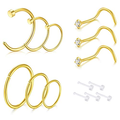D.Bella Gold Nose Hoop, 18G Gold Nose Ring Clear Nose Studs Body Jewelry Piercing Nose Ring Hoop