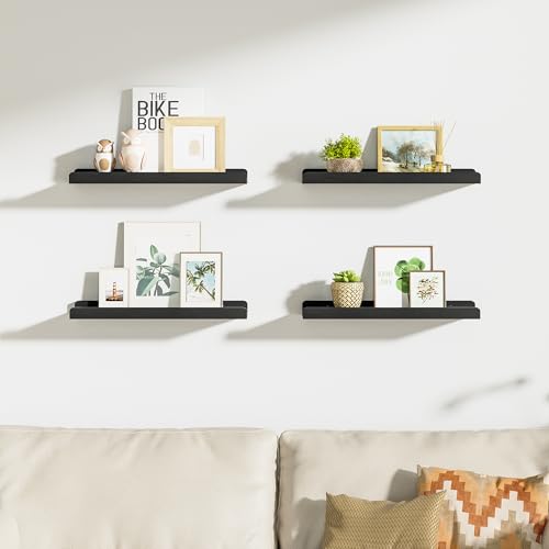 Love-KANKEI Black Floating Shelves for Wall Set of 4, Wood Wall Shelves with Lip,15.6 Inch Rustic Hanging Shelves for Bedroom Bathroom Living Room Kitchen Nursery Display